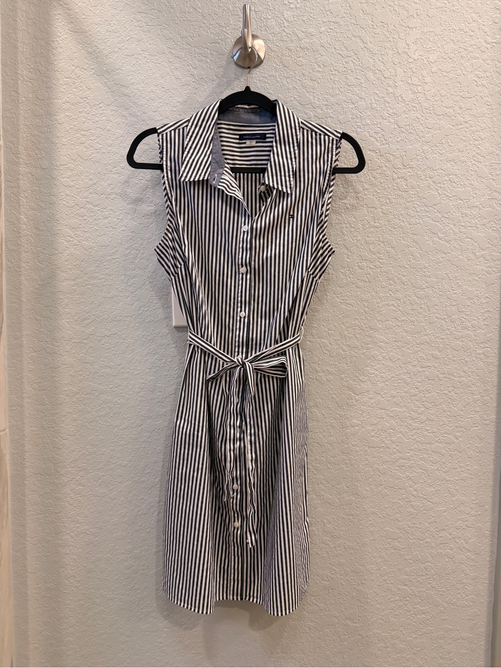Sleeveless Tommy Hilfiger Grey & White Striped Shirt Dress with Belted Waist